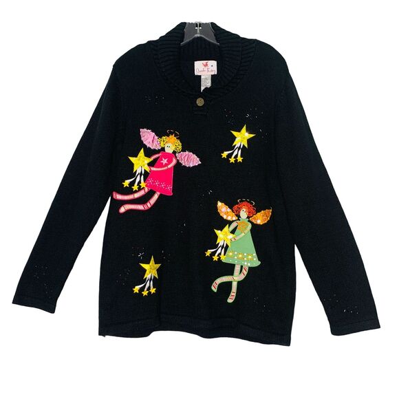 NWT Quacker Factory sweater Christmas angels black embellished size large women - Picture 14 of 14